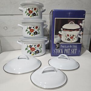 Enamel Country Farmhouse Floral Stock Pot SET 9 Pc Mini Porcelain On Steel